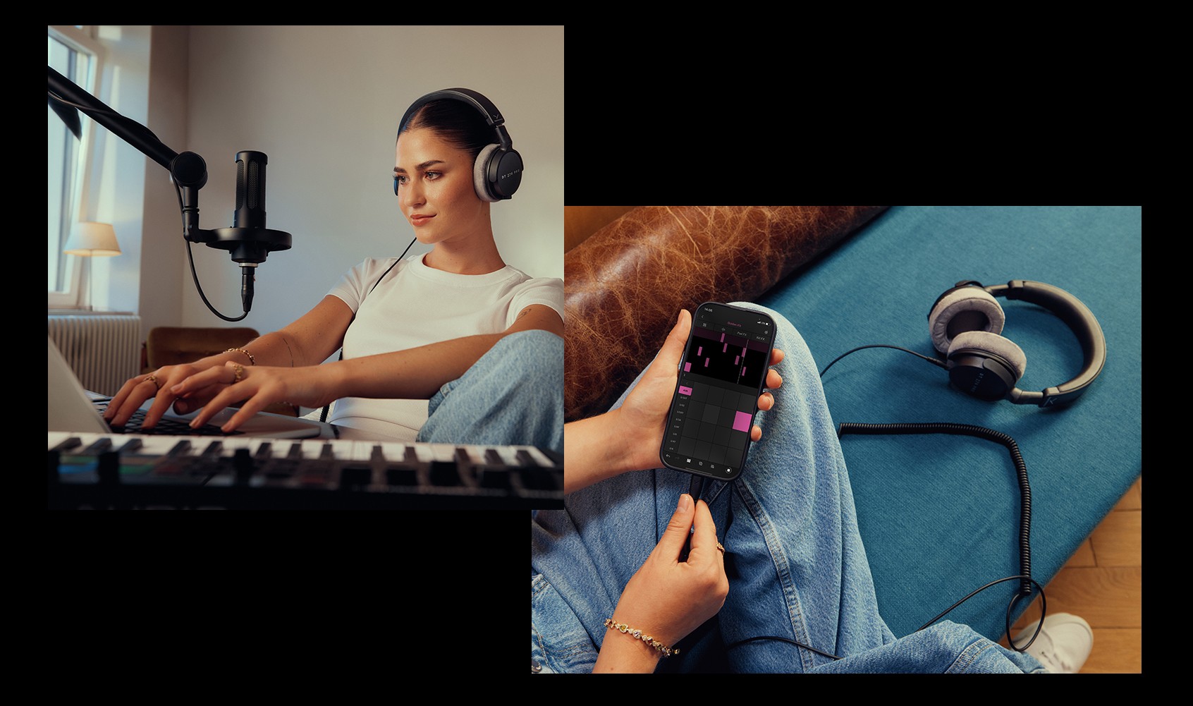 Collage mit zwei Bildern: Vom Audiointerface bis zum Smartphone - flexible Einstazmöglichkeiten mit dem DT 270 PRO von beyerdynamic