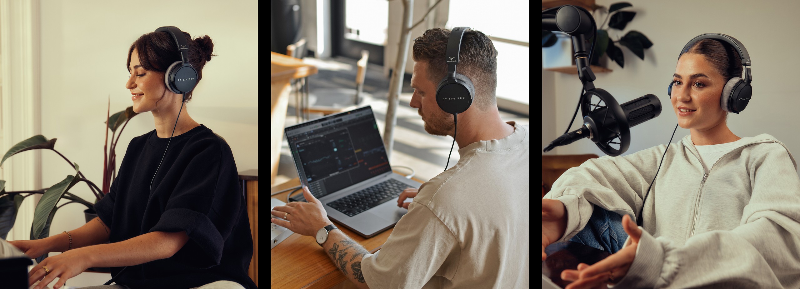 Collage mit drei Bildern. Podcasting, Musikproduktion und Musizieren mit dem DT 270 PRO von beyerdynamic